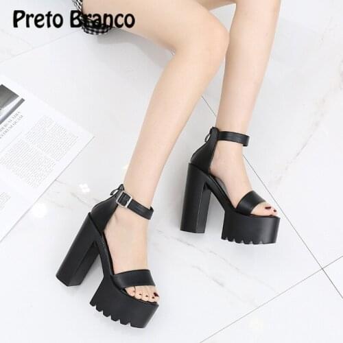 PRETO BRANCO 2020 14CM Womens Summer Sandals Thick Heel High-heeled Word Sandals Simple Roman Sandals Hate Sky High Women ZYW