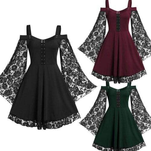 Women Sexy Cold Shoulder Gothic Dress Straps Lace Flared Sleeves Punk Vintage Eyelet Bandage Party Witch Medieval Costume L-5XL