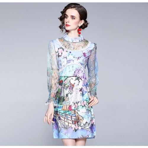 2021 autumn fashion women Mesh Patchwork long Sleeve Stand Collar Flower Print Mini Dress