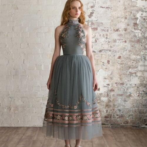 New Embroidery Evening Dress A Line High Neck Ankle Length Backless Prom Dresses Vestidos Customize Formal Celebrity Gowns