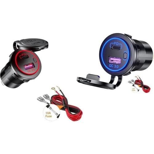 PD Type C USB Car Charger and QC 3.0 Quick Charger 12V Power Outlet Socket with ON/Off Switch for Motorcycle RV ATV