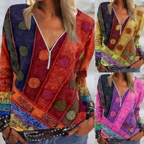 Fashion Blouses Womens V Neck Print Casual Long-sleeved Top Basic Button Shirt Top Zipper Tops Breathable Spring Autumn Top New