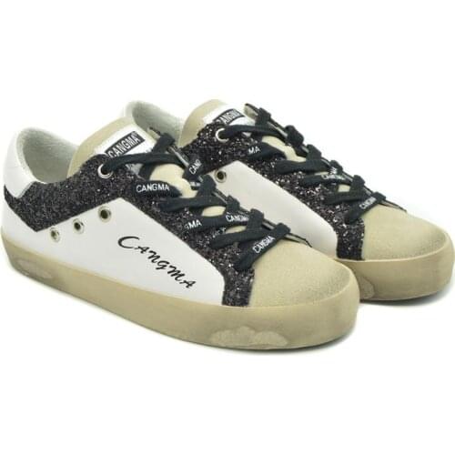 CANGMA Luxury Brand Designer White Sneakers Women Casual Shoes Genuine Leather Black Glitter Flats School Shoes Female 2021