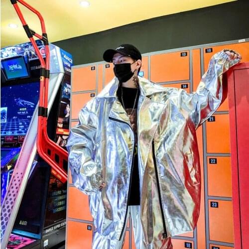 Mens leather jacket pu motorcycle coat men glossy clothes singer personalized stage street dance rock fashion gold silver