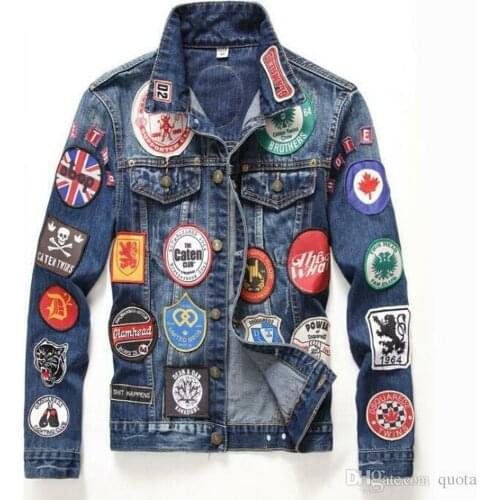 Mens Slim Fit Badge Denim Jacket Hip Hop Stand Collar Jeans Coat Casual Outwear Slim Fit New 2021