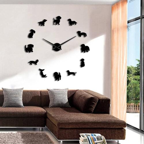 3D DIY Dachshund Wall Art Wiener-Dog Puppy Dog Pet Frameless Giant Mute Wall Clock With Mirror Effect Sausage Dog Large Watch