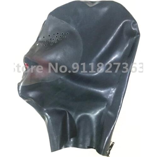 Realistic Latex Hood Mask W Mesh Eyes Rubber Unisex Latex Hood with Mouth Teeth Unique with back zipper(small holes on eyes)