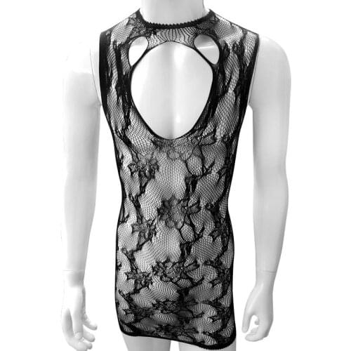 Sheath Sexy Black Sissy Babydoll Lingerie See Through Floral Mesh Bodystocking Hollow Out Nightwear Sissy Men Sleepwear