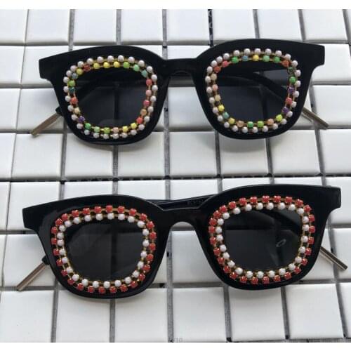 Handmade Black Men Women Diamond Sunglasses Rainbow Beads Eyewear Oval Shades UV400 Funny Designer Sun Glasses Luxury Gafas de