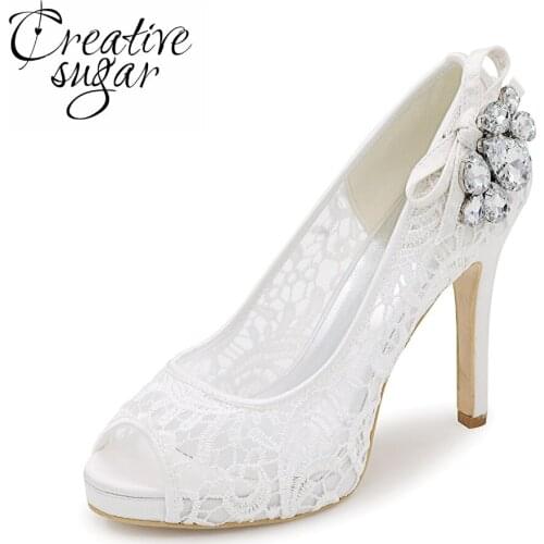 Creativesugar See through lace woman high heels crystal pink black white ivory mesh dress shoes party wedding pumps open toe