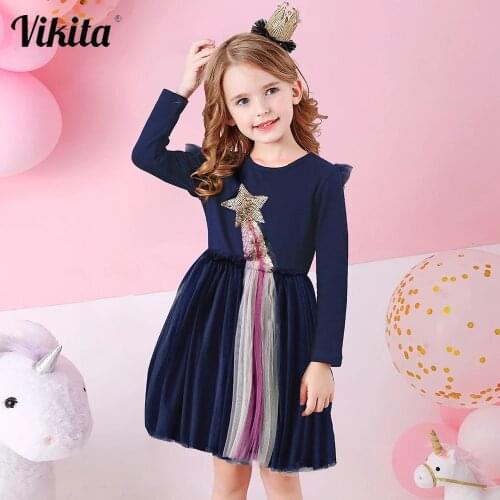 VIKTIA Girls Princess Dress for Kids Star Sequins Dresses Birthday Wedding Party Elegant Tulle Dresses Children Autumn Clothing