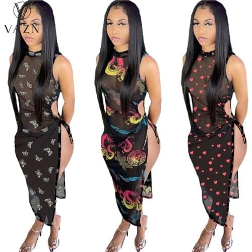 VAZN 2021 Top Quality Vintage See Through Maxi Dress Pleated Chic Ladies Slim Elegant Female Sweet Young Women Dress