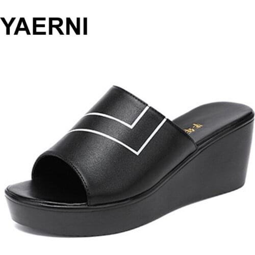 YAERNI Big Size32-43Fashion 2021Women Slippers Flats Platform Shoes Medium Heels Slides for Ladies Outside White Summer Slipper