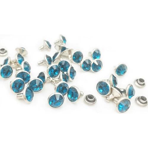 100Sets 6mm&8mm Indicolite Blue Crystal Rhinestone Rivets Silver Metal Base Studs Stunds Clothing Bag Leathercraft Rivet
