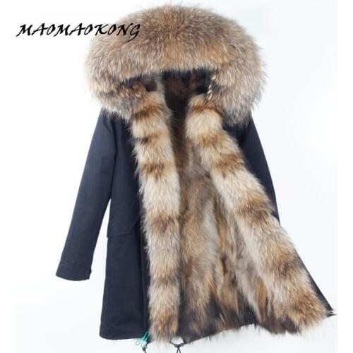 2017 Real natural Fur Coat winter jacket Long Women Raccoon fur liner hooded parkas free shipping