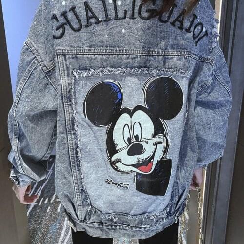 Disney Mickey Mouse Jean Coat for Women 2021 Autumn Winter Embroidered Letter Vintage Lapel Wild Leisure Womens Denim Jacket