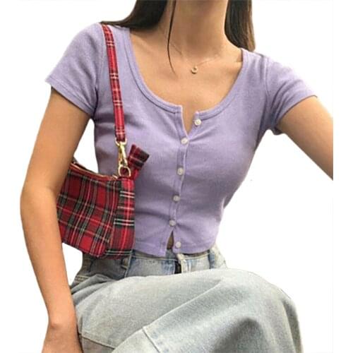 2020 Summer Short T Shirts Hot Women Short Sleeve Crew Neck Skinny Button Solid Club Holiday Sexy Fashion Crop Tops Streetwear