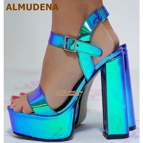 ALMUDENA Fluorescent Blue Platform Sandals Women Luxury Chunky Heel Dress Shoes Ankle Buckle Strap Open Toe Runway Pumps Size46