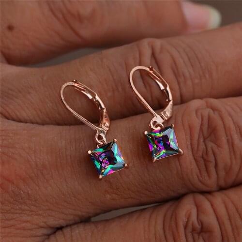 Charm Female Rainbow Stone Earrings Rose Gold Silver Color Clip Earrings For Women Vintage Bridal Zircon Wedding Earrings