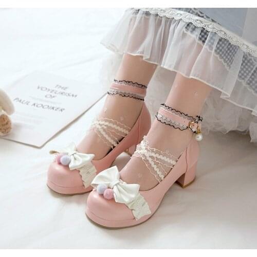 OLOMLB Womens Lolita Round Toe Bowknot Fur Ball Kawaii Cosplay Shoes Sandals Block Heel Plus Size 34-43 Mary Janes New 2021