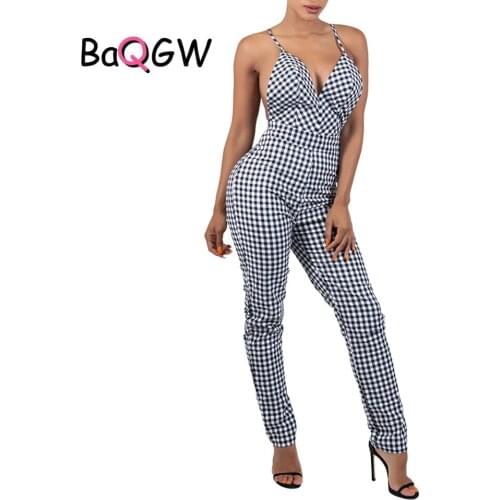 BaQGW Checkboard Plaid Womens Jumpsuit Summer Spaghetti Strap Sexy Backless One Pirece Romper Bodycon Casual Jumpsuit Plus Size
