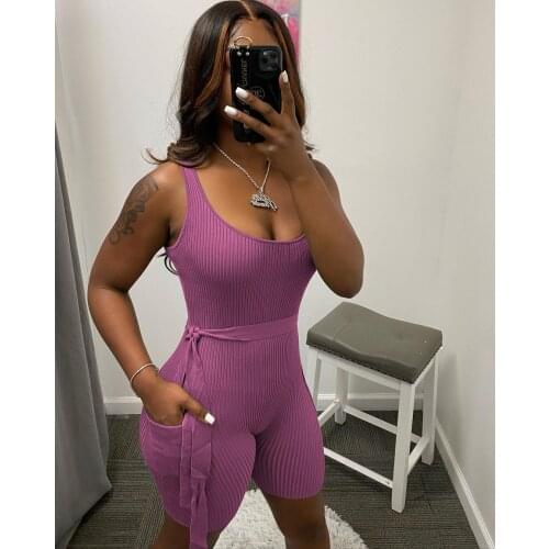 Echoine Sleeveless Ribbed Knitted Playsuit with Pocket Sexy Skinny Bodycon Rompers with Belt Party Night Club Bodysuit Outfits