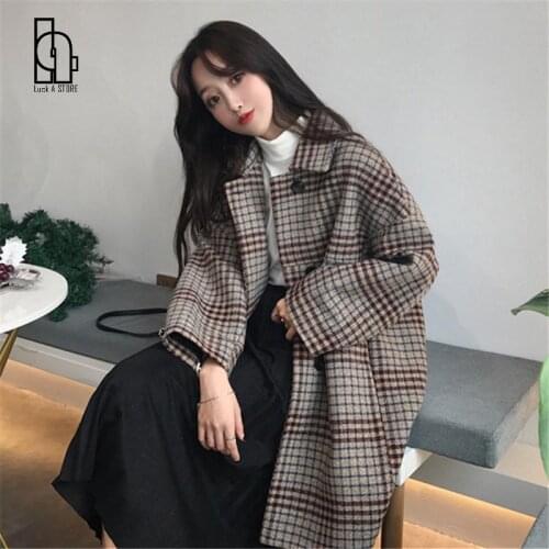 Womens Autumn Winter 2021 Long Thicken Loose Wool Coat Student Korean Plaid Outerwear Single-breasted Woolen Jacket