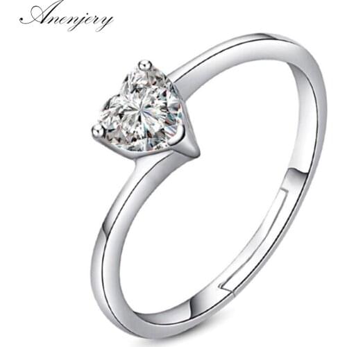 ANENJERY 925 Sterling Silver Love Ring Super Shiny Zircon Heart Opening Rings For Women bague Valentines Day Gift S-R161