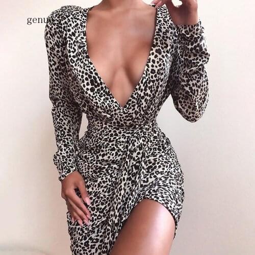 2020 Autumn Sexy Deep V Neck Leopard Party Night Club Bodycon Dress Women High Waist Lace Up Mini Vestidos Basic Outfits