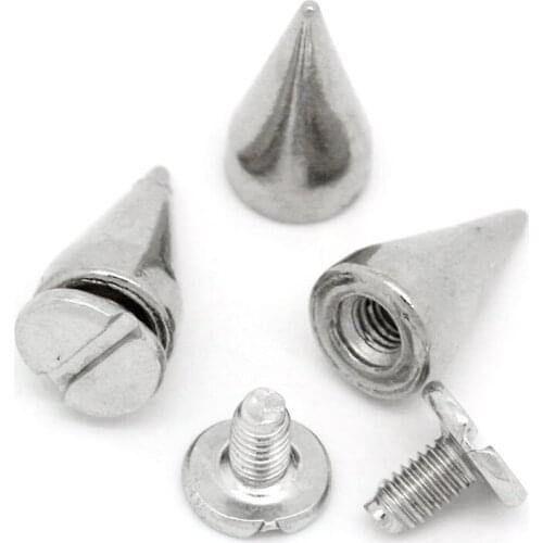 10 Sets Punk Cone Spike Rivets Studs Spots Silver Tone Bags Clothes Shoes Crafts Making 13x7mm 7x6mm