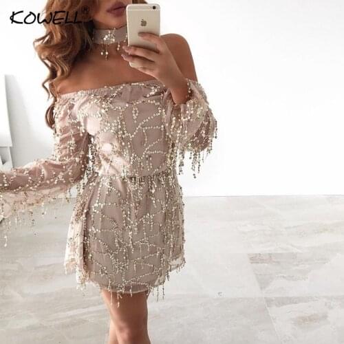 2018 Sexy Sequined Slash Neck Tassel High Waist Women Dress Long Sleeve Party Dresses Glitter Clubwear Short Mini Dress Vestidos