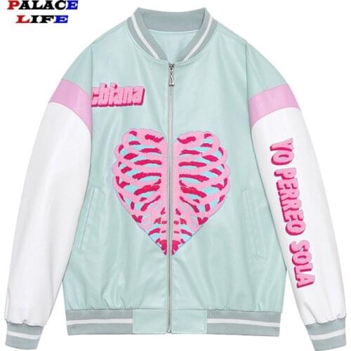 Baseball Jackets Women 2021 Spring Love skeleton Embroidery Leather PU Coat New women Zipper Jacket Fashion uniform female Tops