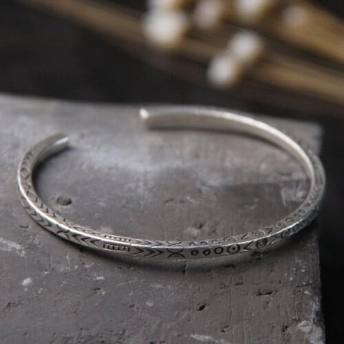 Vintage 925 silver bracelet Thailand handmade Unique feather pattern design adjustable opening lucky bracelet wrist accessory