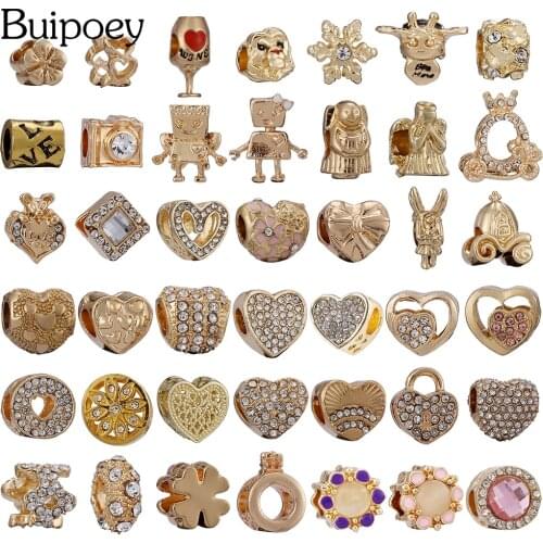Buipoey Golden Crystal Bead Shiny Charm Fit Diy Bracelet & Bangle Original Fine Womens Bracelets Jewelrys Accessories Beads