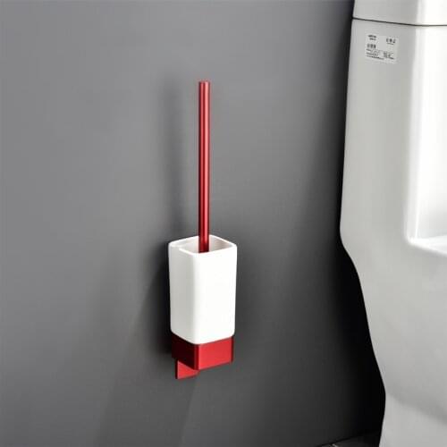 Bathroom Toilet Brush Holders Red Aluminum Toilet Brush Wall Mounted 3M Tape Free Punch For Bathroom Storage And Cleaner