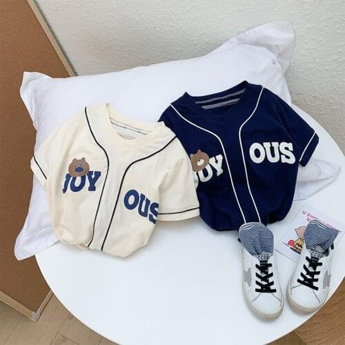 2021 Summer New Baby Cotton T Shirts Toddler Boys Korean Cartoon Bear T-shirt V Neck Letter Print Kids Boys Short Sleeve Tees