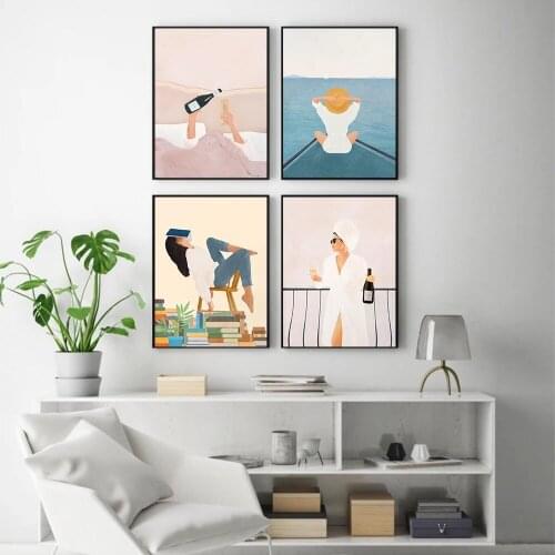 Art Painting Morning Wine Poster and Print Summer Vacation Lost In My Books Canvas Wall Art Pictures For Living Room Home Decor