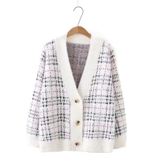 Houndstooth Embroidery Women Knit Cardigan 2021 Winter Warm Knitwear Korean Fashion Ladies Long Sleeve V-neck Soft Jumpers Tops