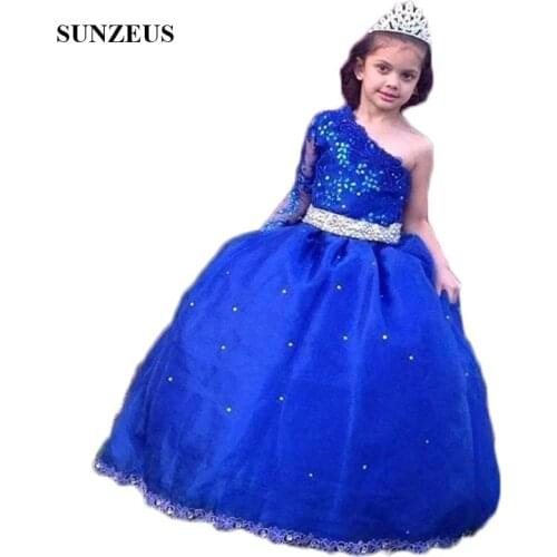 Royal Blue Tulle Ball Gown Princess Pageant Dresses One Shoulder Long Sleev Wedding Party Dress Beaded robe ceremonie