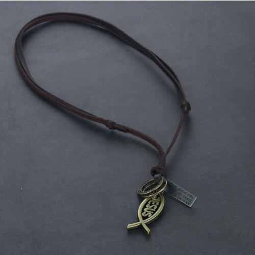 Redeemer Igesas Jesus Fish Pendant Necklaces for Men Bronze Color Leather Rope Chain Jewelry Iesous Christos Theou Uios Soter
