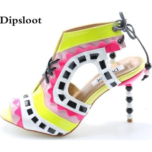 Summer Women Small Triangle Patched Multi Beads Heels Carved out Sandals Slingbacks Beads Pedant Lace up T Stage Runway Shoes