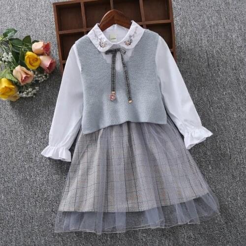 Cute Baby Girls Clothes Spring & Autumn Long Sleeve Dresses Knitted Vest 2 Pieces Kids Sets Fashion Children Outfits Vestidos