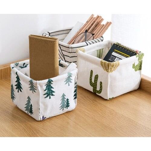 Cotton and Linen Desktop Organizer Storage Foldable Storage Basket Bathroom Bedroom Desktop Cosmetic Sundries Organizer