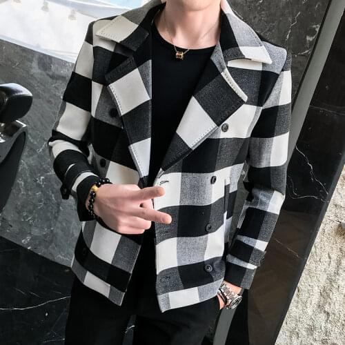 2021 Fashion New Mens Casual Boutique Plaid Woolen Short Coat / Male Woolen with Large Lapel Jacket Blends