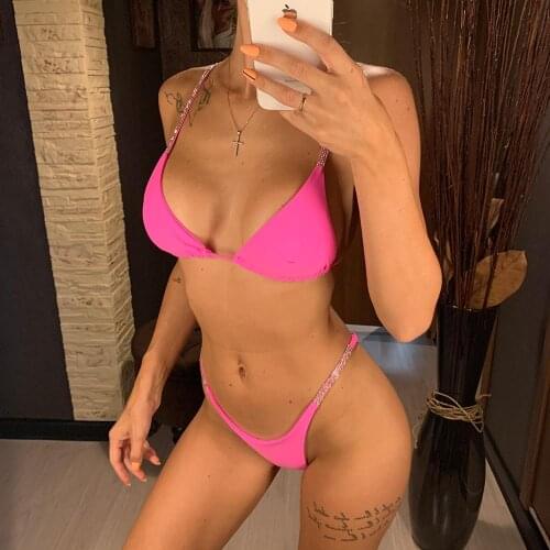 New Sexy Shiny Rhinestone Strap Mini Bikini Set Female Solid Swimsuit Women Two-pieces Sequins Padded Swimwear Bathing Suit