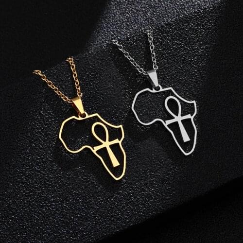 Africa Map & Ankh Pendant Necklace Women Girl Gold Color Stainless steel Jewelry African Maps Chains Egyptian Symbol Cross