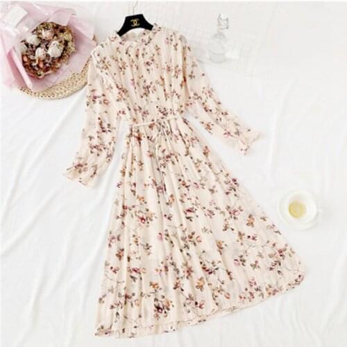 Spring Stand Collar Floral Print Women Dress Lace Up Female Pleated Dress Summer Party Midi Chiffon Vestidos Femme 2020