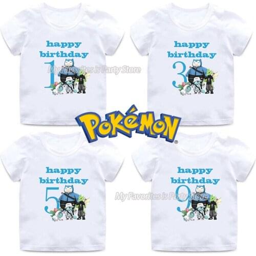 Pikachu Boy Girl Birthday Number Shirt Pokemon Baby Cotton White T Shirt Toddler Summer Clothes Child Cartoon Letter Tops Gift