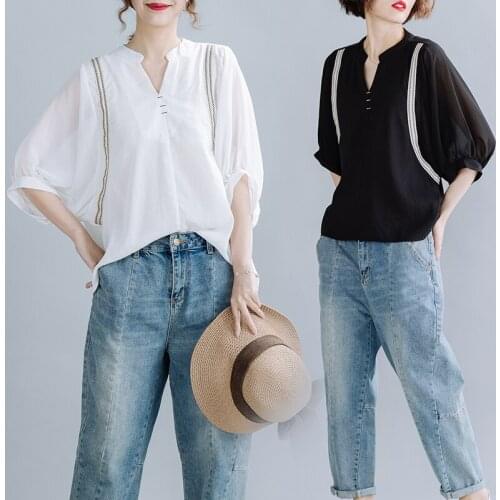 V-Neck Chiffon White Women Shirts Summer New 2021 Sweet Style Batwing Sleeved Loose Elegant Office Lady Outwear Tops