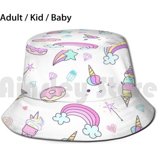 Cute Modern Rainbow Unicorn Donut Ice Cream Party Doodle Sun Hat Foldable UV Protection Cute Modern Colorful Unicorn